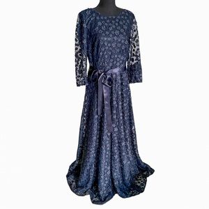 Tahari ASL Navy Blue Floral A-Line Gown